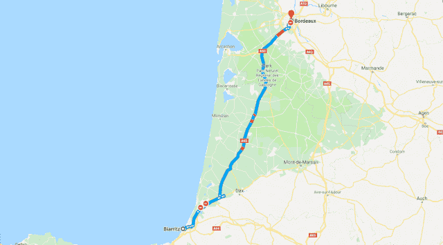 Mapa roteiro de carro na França - Biarritz a Bordéus Mapa roteiro de carro na França - Biarritz a Bordéus