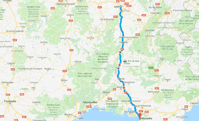 Mapa roteiro de carro na França - Lyon a Marselha Mapa roteiro de carro na França - Lyon a Marselha
