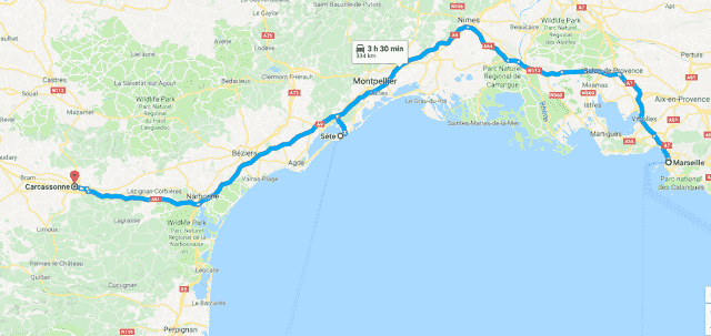 Mapa roteiro de carro na França - Marselha a Sète e Carcassonne Mapa roteiro de carro na França - Marselha a Sète e Carcassonne