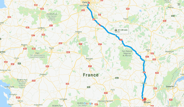 Mapa roteiro de carro na França - Paris a Lyon Mapa roteiro de carro na França - Paris a Lyon
