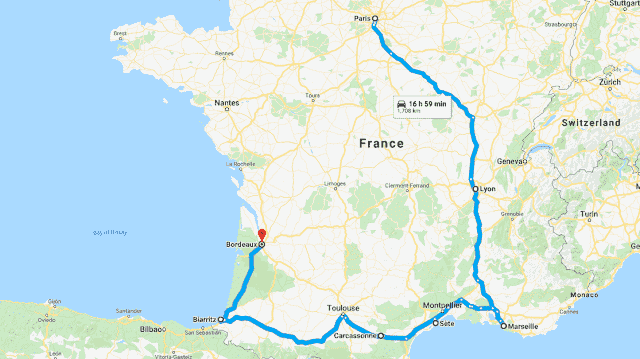 Mapa do roteiro de carro pela França Mapa do roteiro de carro pela França