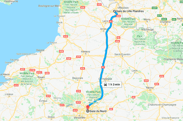 Mapa viagem de trem de Lille a Paris Mapa viagem de trem de Lille a Paris