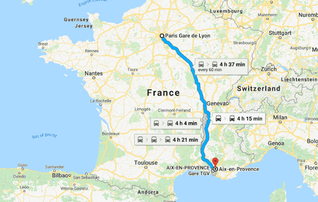 Mapa da viagem de trem de Paris a Aix Mapa da viagem de trem de Paris a Aix