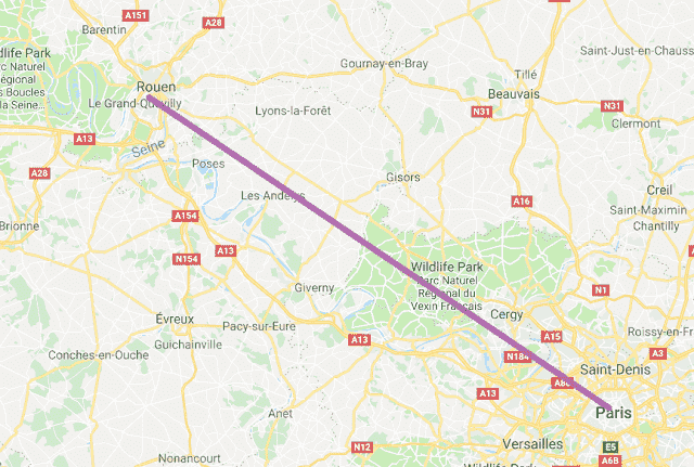 Mapa viagem de trem de Paris a Rouen Mapa viagem de trem de Paris a Rouen