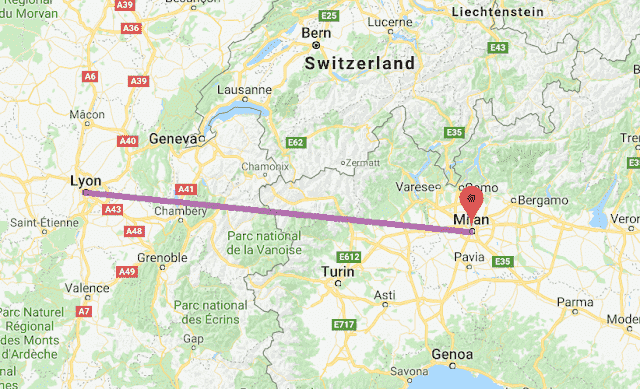 Mapa viagem de trem de Lyon a Milão Mapa viagem de trem de Lyon a Milão